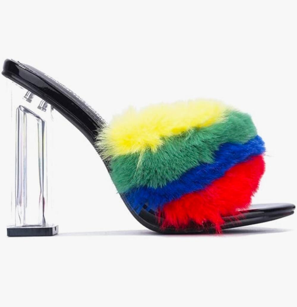 Cape Robbin Kurberry Fur Clear Round Toe Block High Heels, Rainbow, Size 9